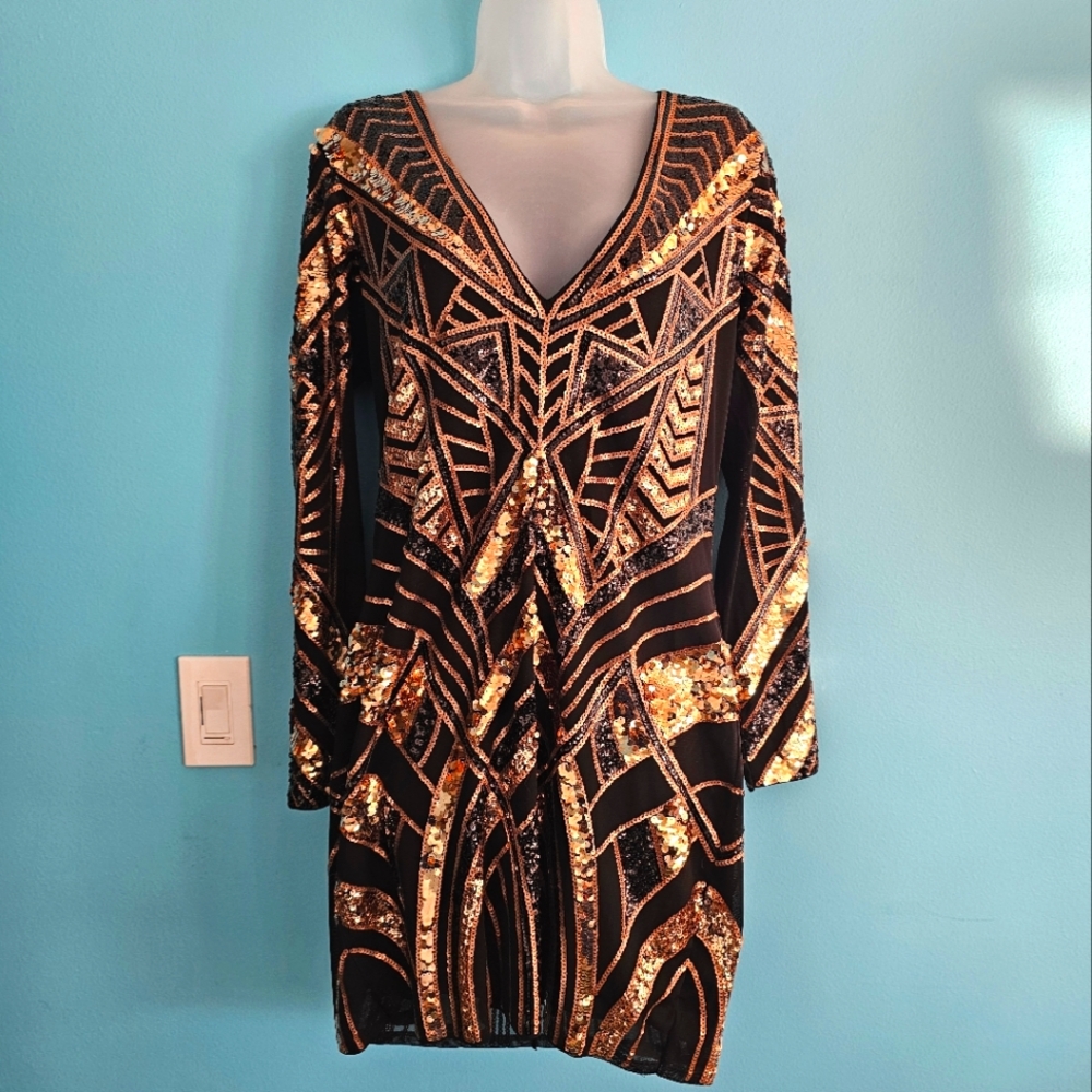 Express Art Deco Black and Gold Sequin Dress